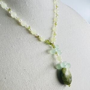 Stone and Pearl Y Drop Necklace Green and White Y2K Style Natural Handmade